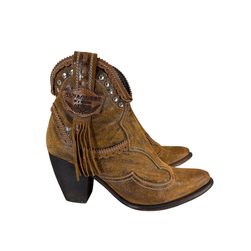 El Vaquero Women’s Pecos Ankle Boots Brown Leather Fringe Studded Size 41 Boho - Picture 3 of 14